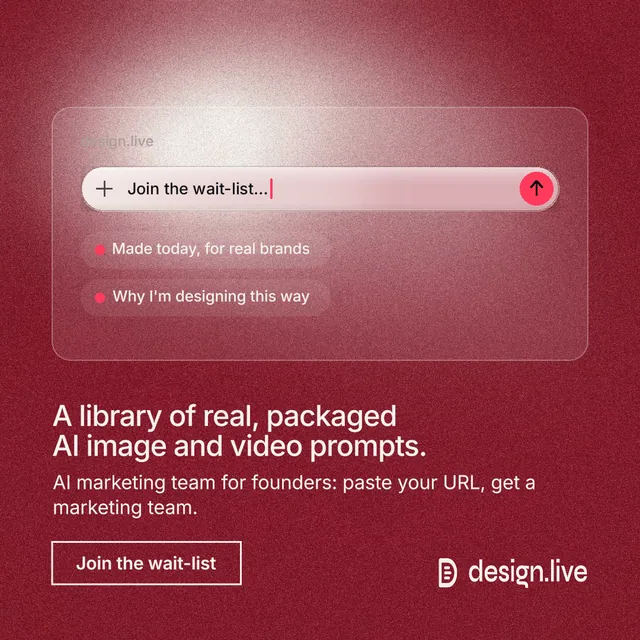 Instagram post for design.live: "A library of real, packaged AI image and video prompts." Cyanotype style, bottom layout, dark palette in red.