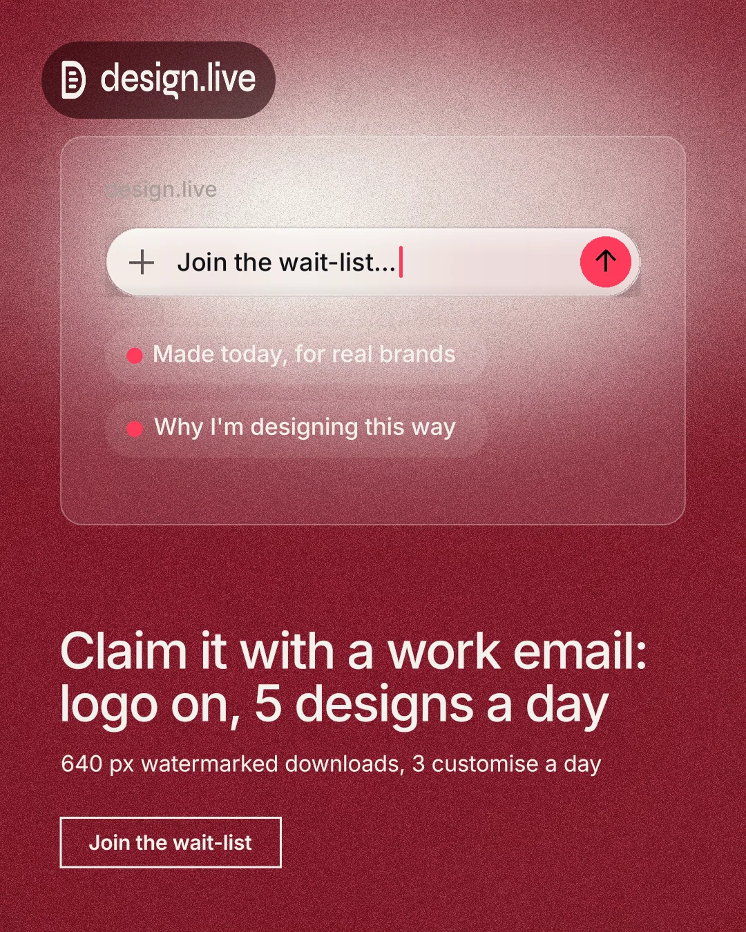 Instagram portrait post for design.live: "Claim it with a work email: logo on, 5 designs a day". Cyanotype style, bottom layout, dark palette in red.
