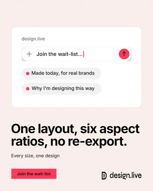 Instagram portrait post for design.live: "One layout, six aspect ratios, no re-export." Swiss style, bottom layout, light palette in white, red.