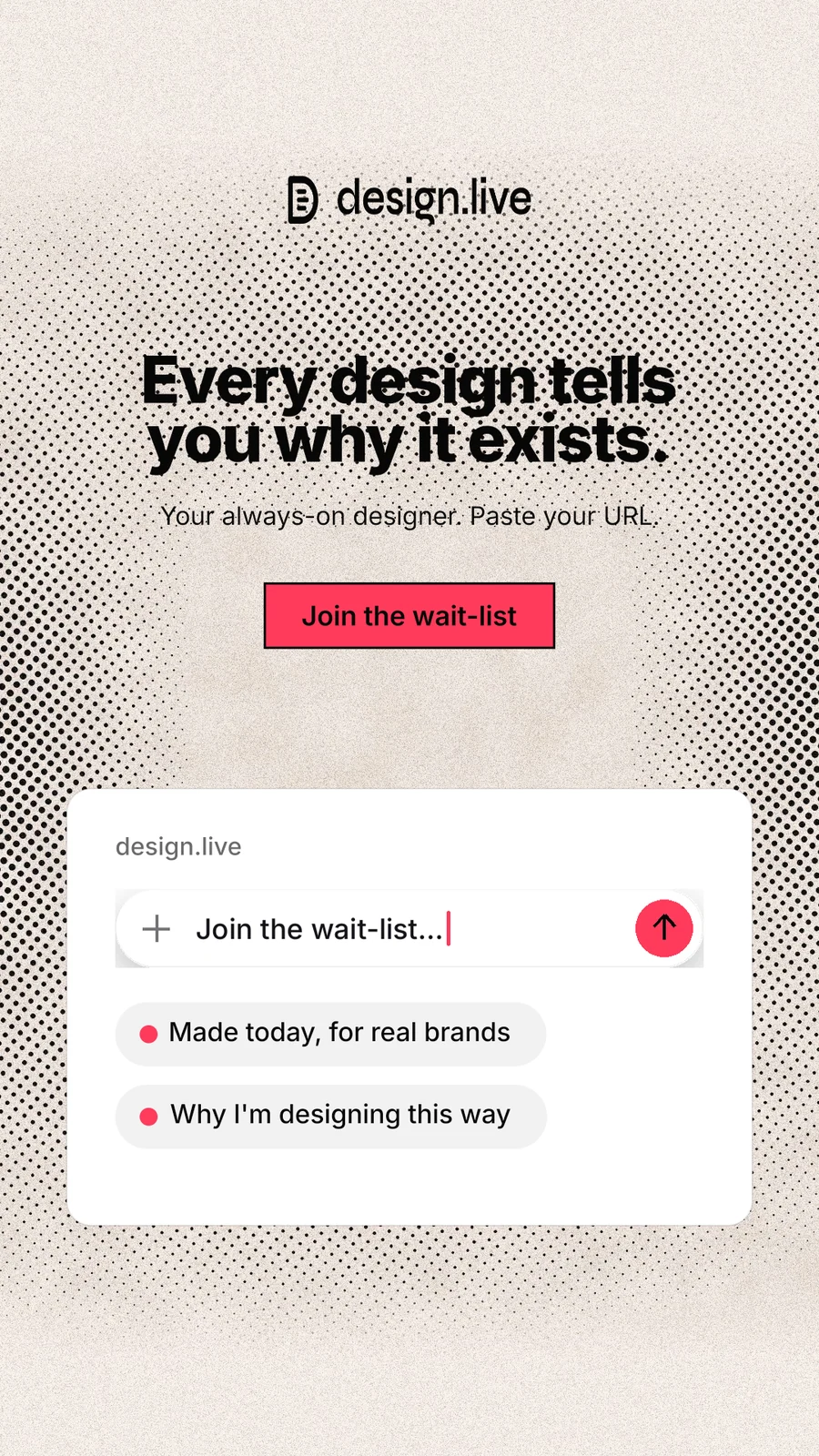 Instagram story for design.live: "Every design tells you why it exists." Ink sticker style, centred layout, light palette in orange, white, grey.