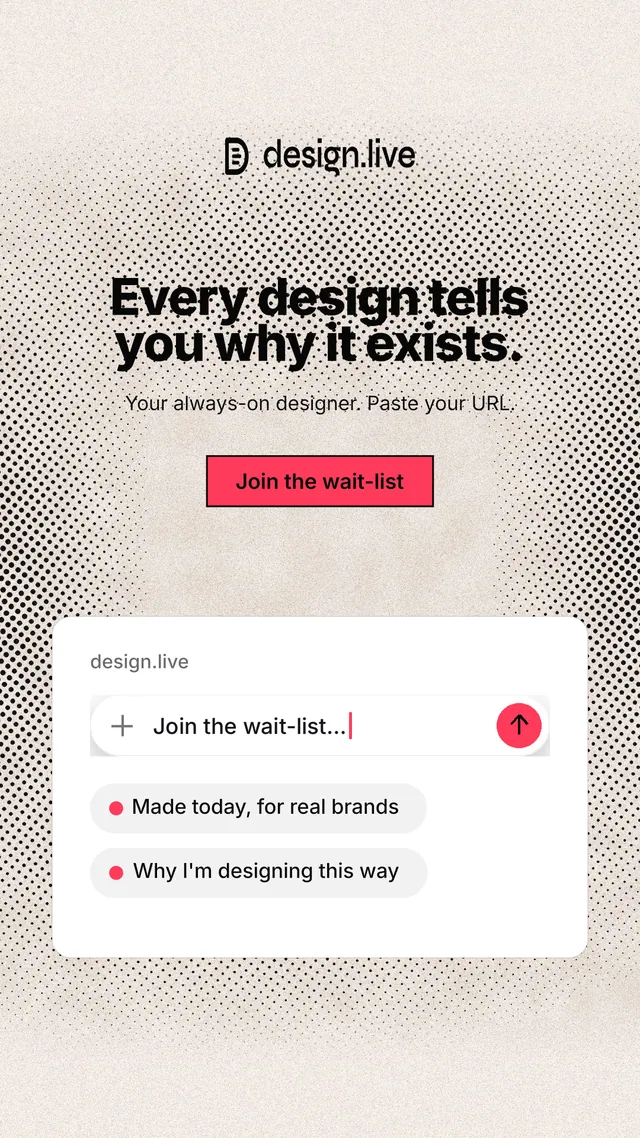 Instagram story for design.live: "Every design tells you why it exists." Ink sticker style, centred layout, light palette in orange, white, grey.