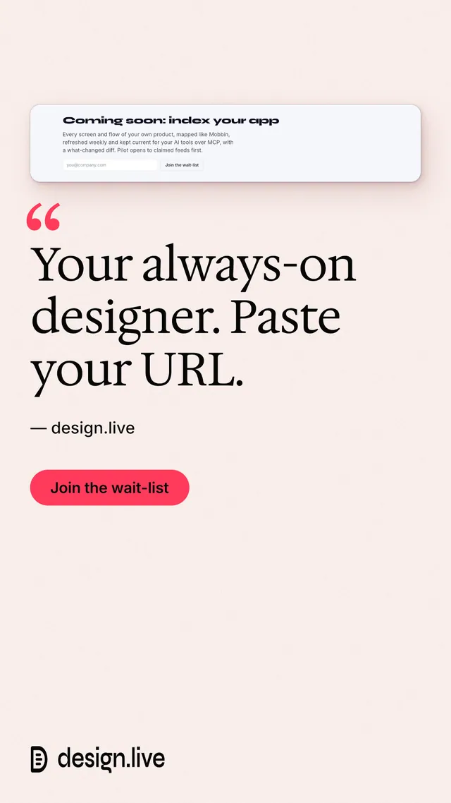 Instagram story for design.live: "Your always-on designer. Paste your URL." Data card style, quote layout, light palette in white, red.