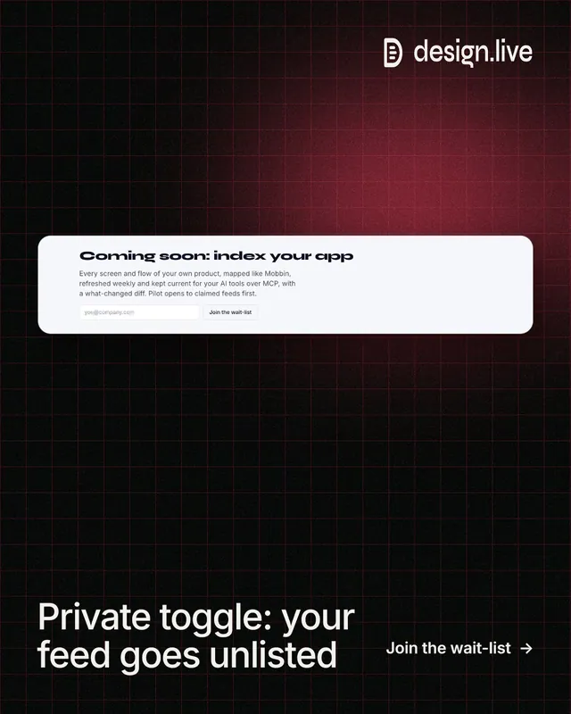 Instagram portrait post for design.live: "Private toggle: your feed goes unlisted". Phosphor atlas style, image led layout, dark palette in black, red, white.