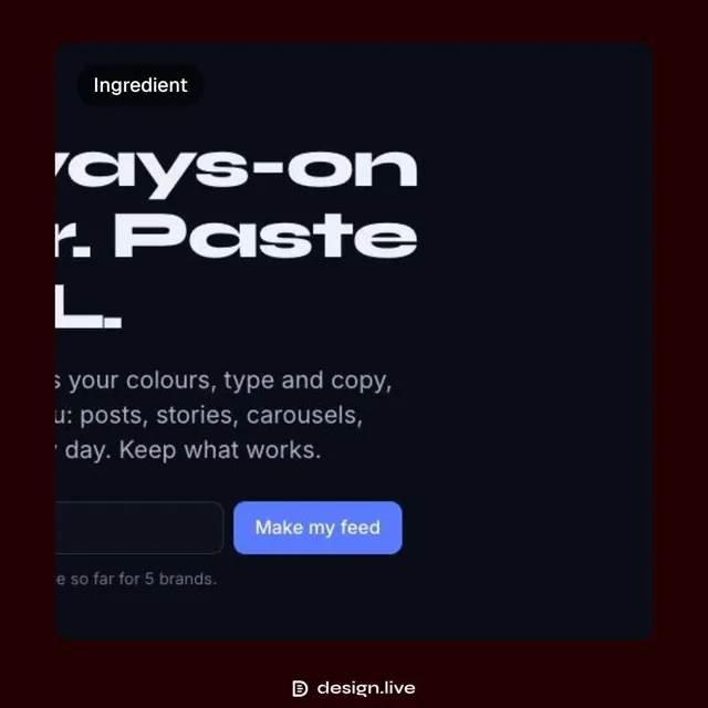 Video for design.live: "Your public feed, name and palette". Before after wipe, 6.0 s, dark palette.