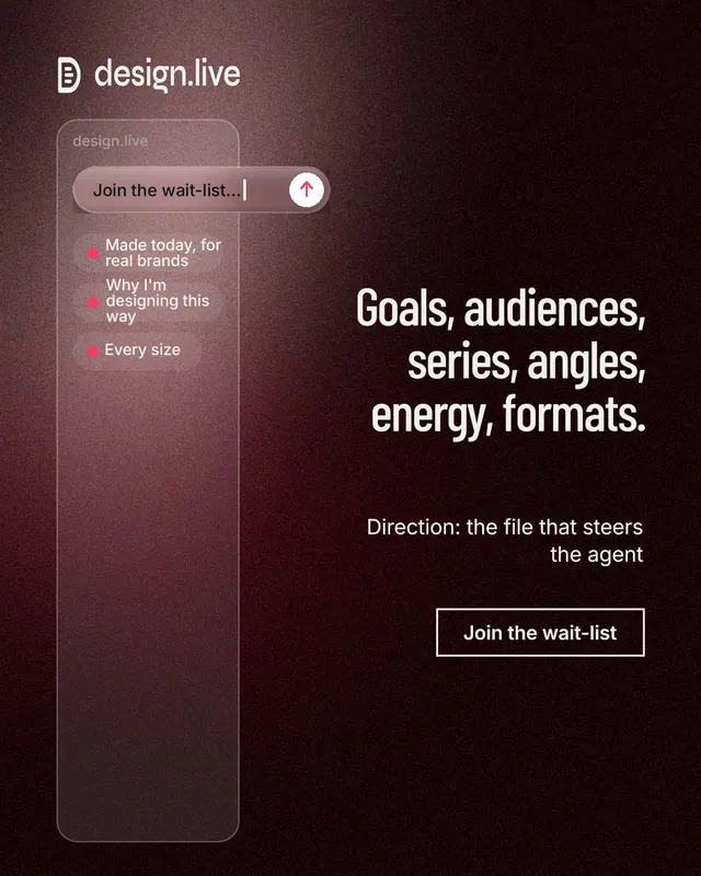 Instagram portrait post for design.live: "Goals, audiences, series, angles, energy, formats." Dark deco style, right layout, dark palette in red, black, grey.