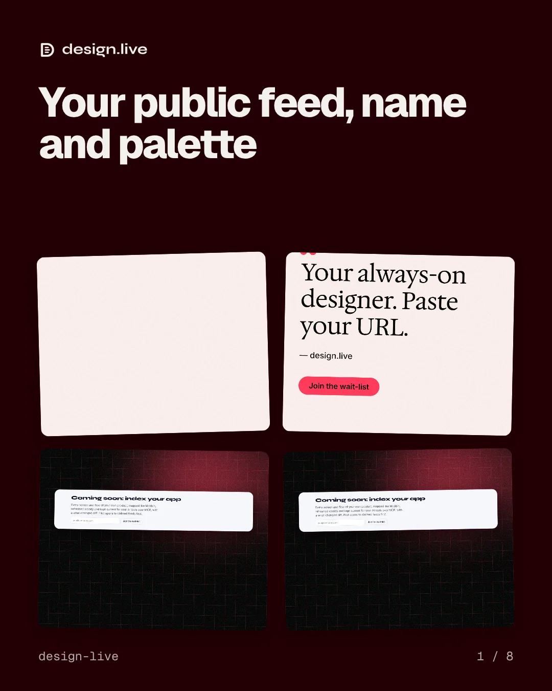 Carousel for design.live: "Your public feed, name and palette". Collection carousel, 8 slides, dark palette.