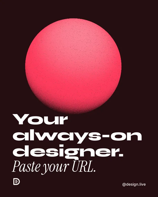 Instagram portrait post for design.live: "Your always-on designer. Paste your URL." Auto 4x5 style, technique:shader field layout, dark palette in black, red.
