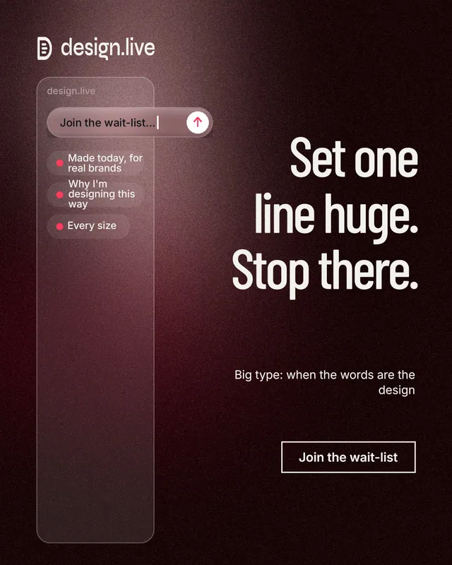 Instagram portrait post for design.live: "Set one line huge. Stop there." Dark deco style, right layout, dark palette in black, red, grey.