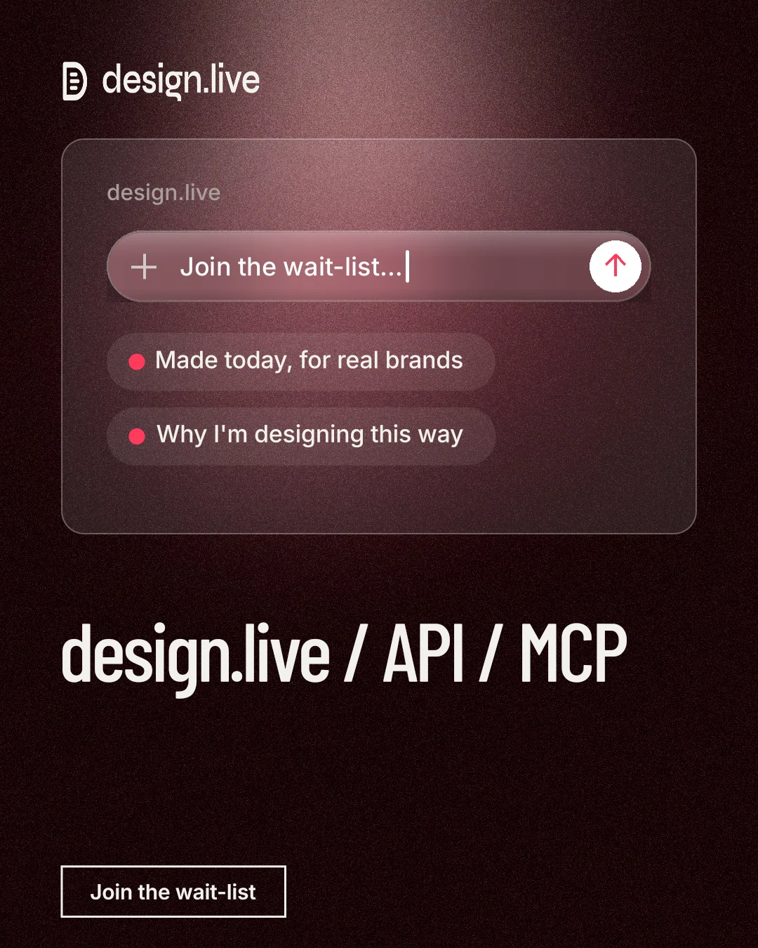 Instagram portrait post for design.live: "design.live / API / MCP". Dark deco style, bottom layout, dark palette in black, red, grey.