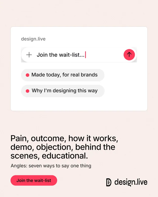 Instagram portrait post for design.live: "Pain, outcome, how it works, demo, objection, behind the scenes, educational." Data card style, bottom layout, light palette in white, red.
