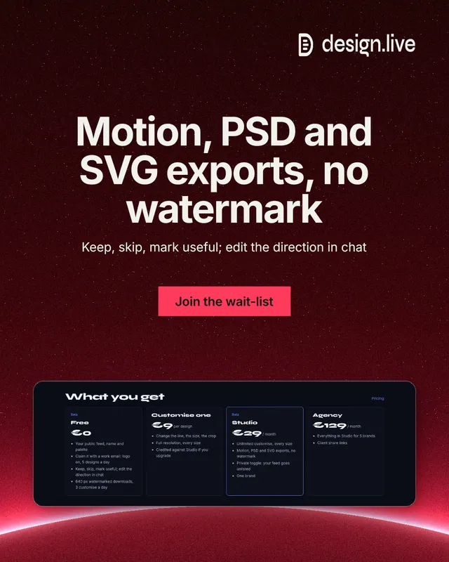 Instagram portrait post for design.live: "Motion, PSD and SVG exports, no watermark". Swiss style, centred layout, dark palette in black, red.