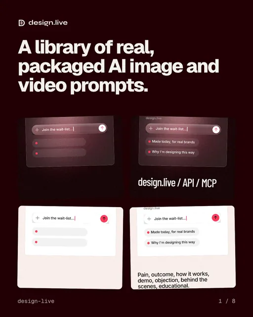 Carousel for design.live: "A library of real, packaged AI image and video prompts.". Collection carousel, 8 slides, dark palette.