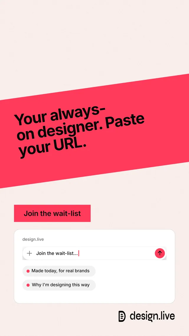 Instagram story for design.live: "Your always-on designer. Paste your URL." Swiss style, diagonal layout, light palette in white, red.