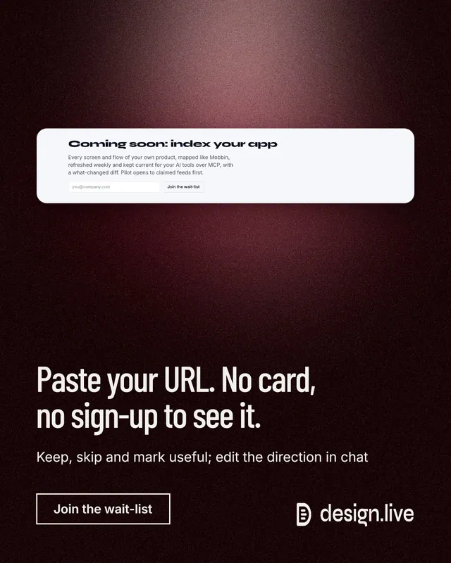 Instagram portrait post for design.live: "Paste your URL. No card, no sign-up to see it." Dark deco style, bottom layout, dark palette in black, red, grey.