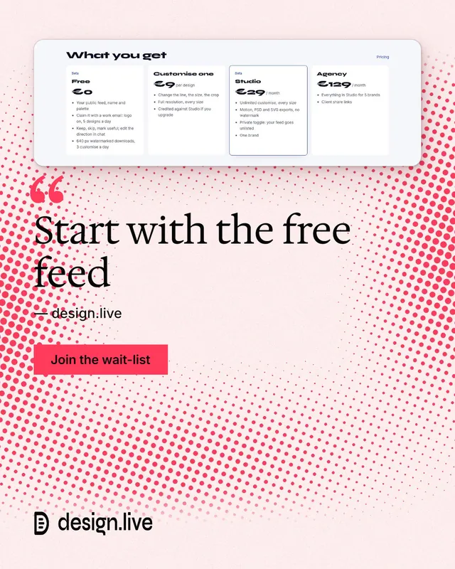 Instagram portrait post for design.live: "Start with the free feed". Swiss style, quote layout, light palette in red, white.