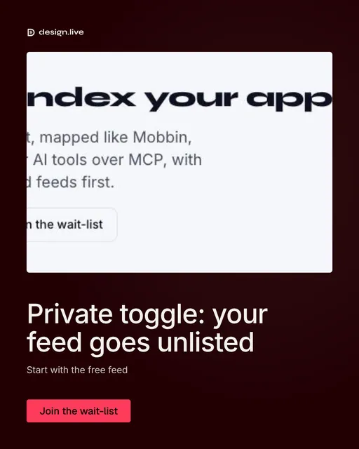 Video for design.live: "Private toggle: your feed goes unlisted". Doc motion loop, 6.0 s, light palette.