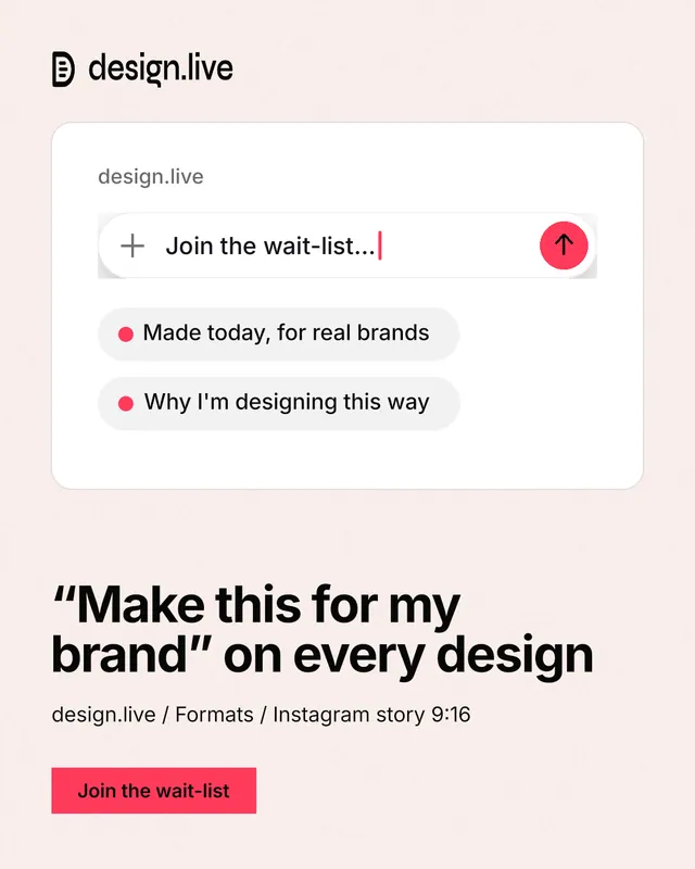 Instagram portrait post for design.live: "“Make this for my brand” on every design". Swiss style, bottom layout, light palette in white, red.
