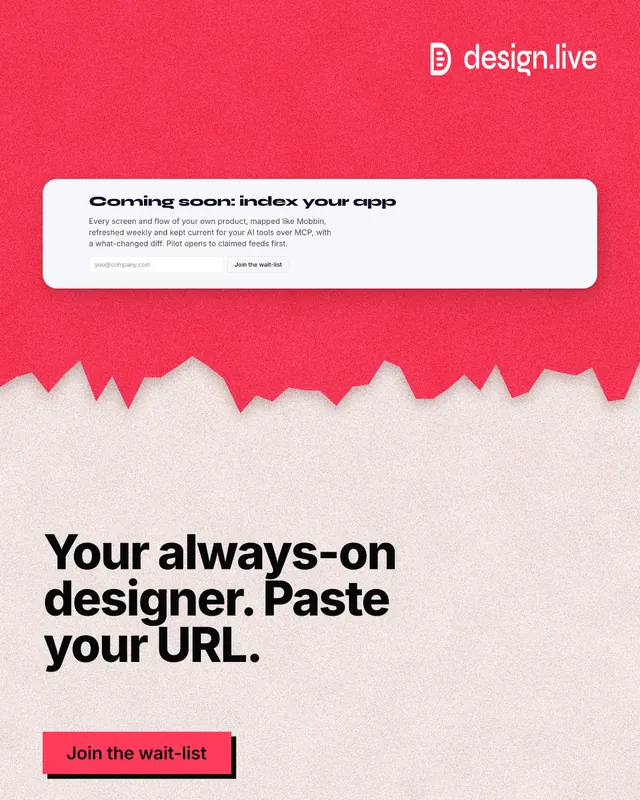 Instagram portrait post for design.live: "Your always-on designer. Paste your URL." Paper trio style, bottom layout, light palette in red, orange, white.