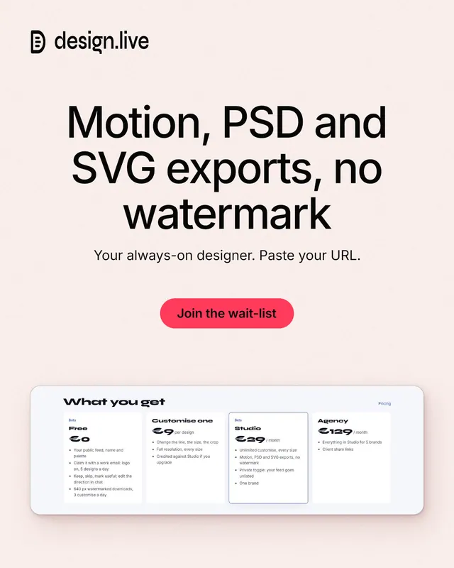 Instagram portrait post for design.live: "Motion, PSD and SVG exports, no watermark". Data card style, centred layout, light palette in white, grey.