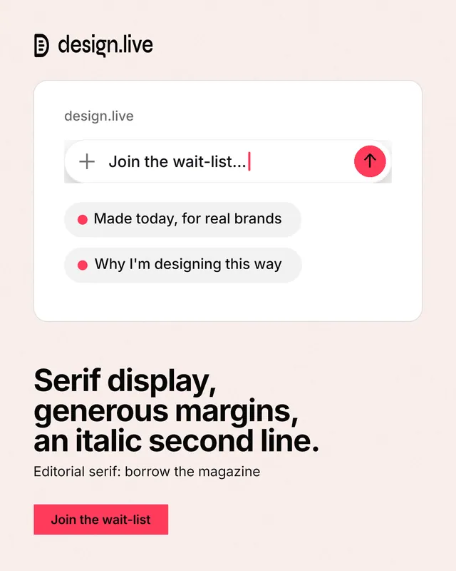 Instagram portrait post for design.live: "Serif display, generous margins, an italic second line." Swiss style, bottom layout, light palette in white, red.