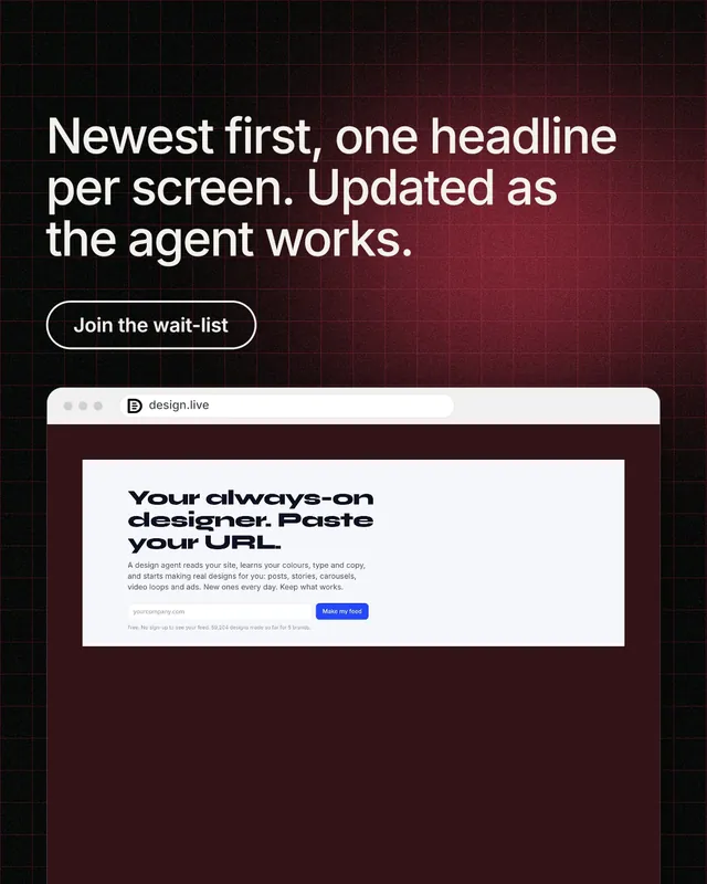 Instagram portrait post for design.live: "Newest first, one headline per screen. Updated as the agent works." Phosphor atlas style, browser layout, dark palette in red, black, white.