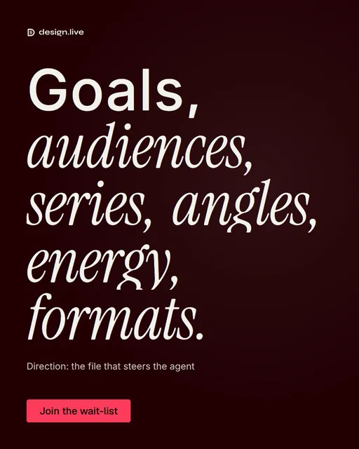 Video for design.live: "Goals, audiences, series, angles, energy, formats.". Doc motion loop, 7.0 s, dark palette.