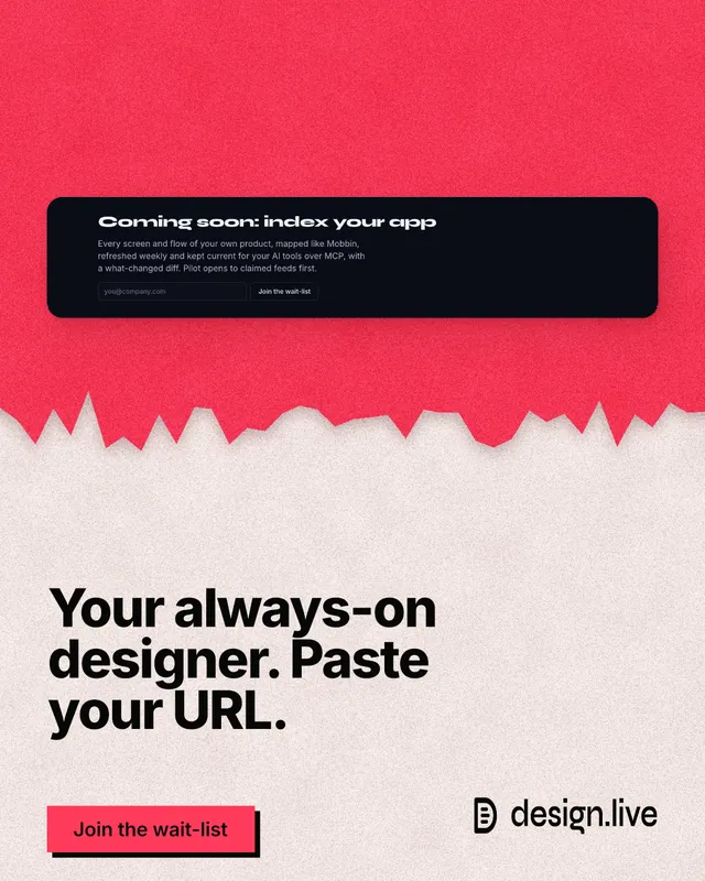 Instagram portrait post for design.live: "Your always-on designer. Paste your URL." Paper trio style, bottom layout, light palette in red, orange, grey.