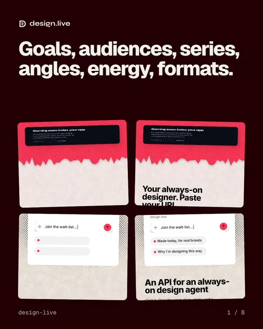Carousel for design.live: "Goals, audiences, series, angles, energy, formats.". Collection carousel, 8 slides, dark palette.