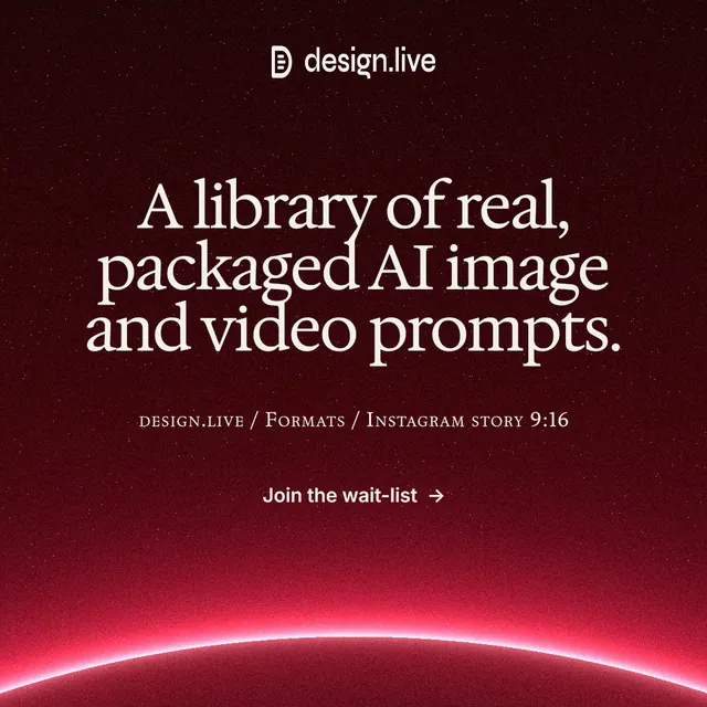 Instagram post for design.live: "A library of real, packaged AI image and video prompts." Swiss style, smallcaps layout, dark palette in red, black.
