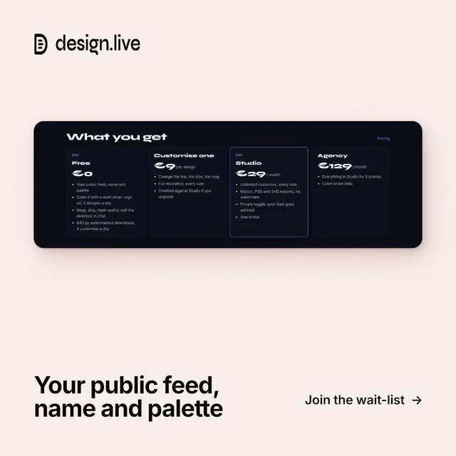Instagram post for design.live: "Your public feed, name and palette". Swiss style, image led layout, light palette in white, black, grey.