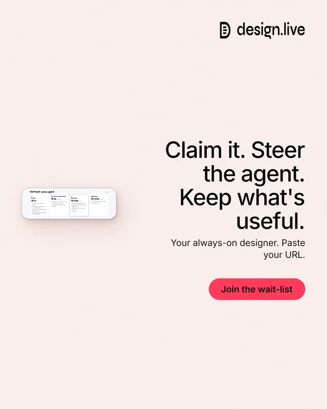 Instagram portrait post for design.live: "Claim it. Steer the agent. Keep what's useful." Data card style, right layout, light palette in white, red.