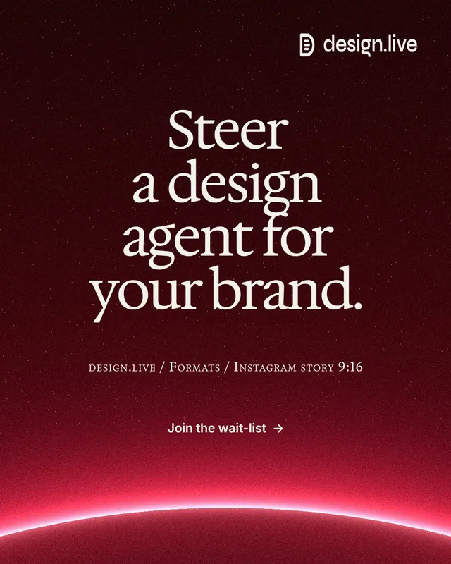 Instagram portrait post for design.live: "Steer a design agent for your brand." Swiss style, smallcaps layout, dark palette in black, red.