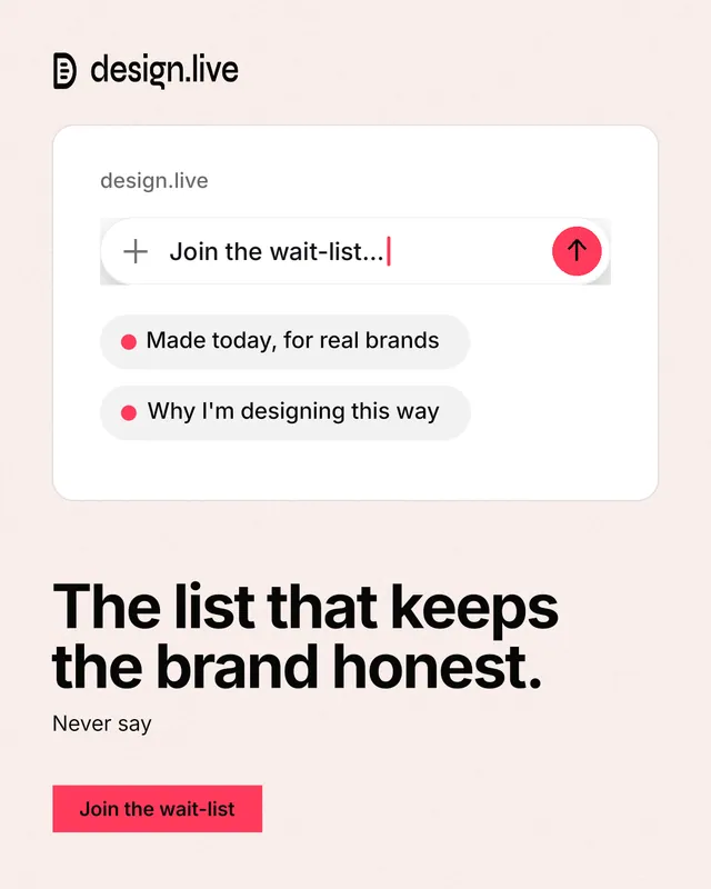 Instagram portrait post for design.live: "The list that keeps the brand honest." Swiss style, bottom layout, light palette in white, red.