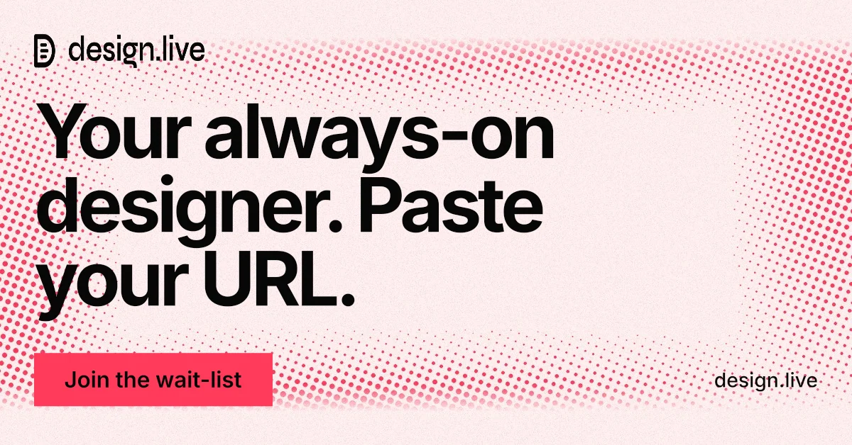 Social ad for design.live: "Your always-on designer. Paste your URL." Swiss style, poster layout, light palette in white, red.