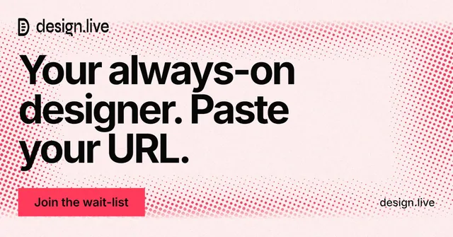 Social ad for design.live: "Your always-on designer. Paste your URL." Swiss style, poster layout, light palette in white, red.