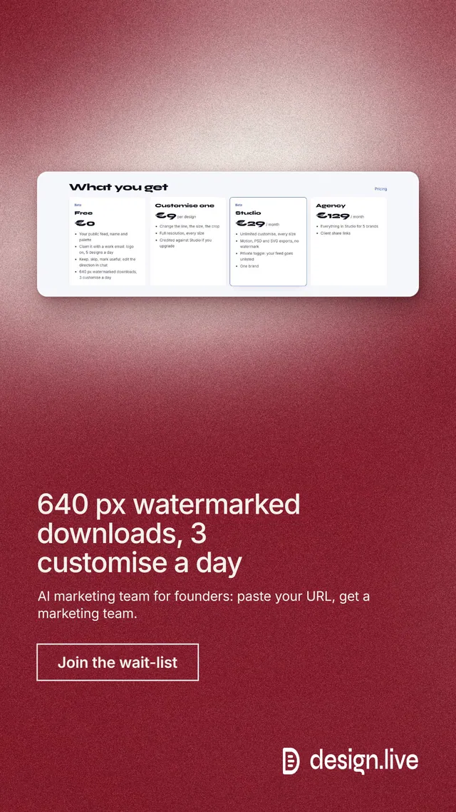 Instagram story for design.live: "640 px watermarked downloads, 3 customise a day". Cyanotype style, bottom layout, dark palette in red.