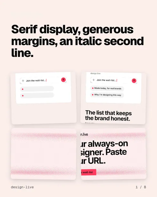 Carousel for design.live: "Serif display, generous margins, an italic second line.". Collection carousel, 8 slides, light palette.