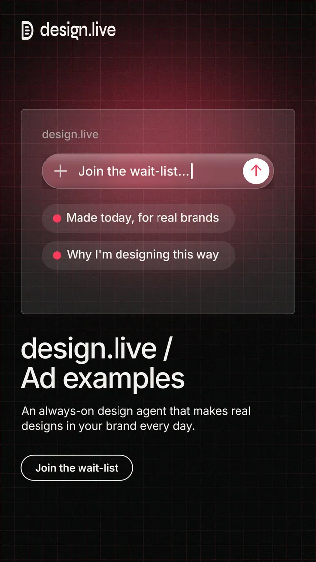 Instagram story for design.live: "design.live / Ad examples". Phosphor atlas style, bottom layout, dark palette in black, red.
