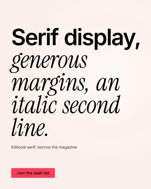 Video for design.live: "Serif display, generous margins, an italic second line.". Kinetic type grid, 6.0 s, light palette.