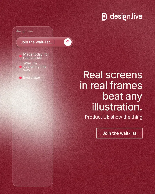 Instagram portrait post for design.live: "Real screens in real frames beat any illustration." Cyanotype style, right layout, dark palette in red.