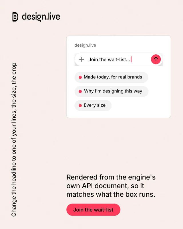 Instagram portrait post for design.live: "Change the headline to one of your lines, the size, the crop". Data card style, vertical layout, light palette in white, red.