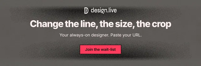 X header for design.live: "Change the line, the size, the crop". Ink sticker style, centred layout, dark palette in grey, black.