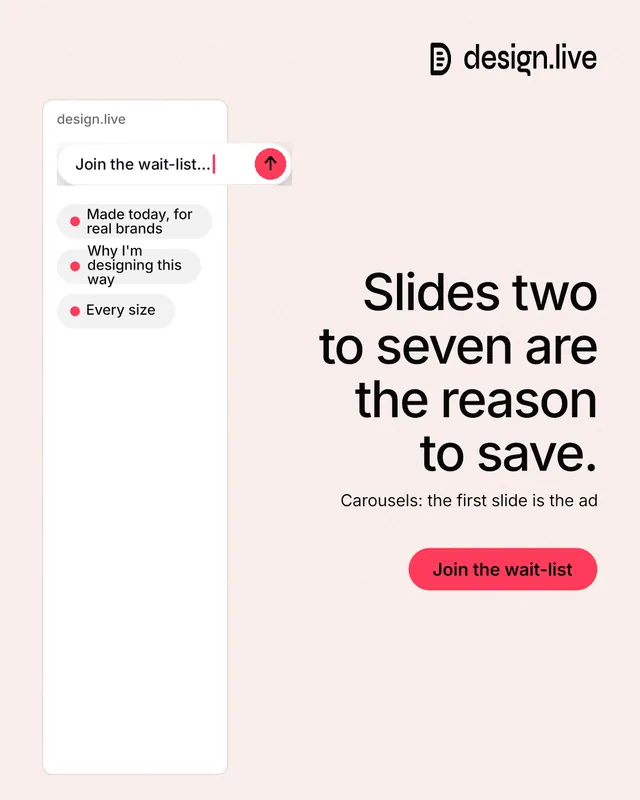Instagram portrait post for design.live: "Slides two to seven are the reason to save." Data card style, right layout, light palette in white, red.