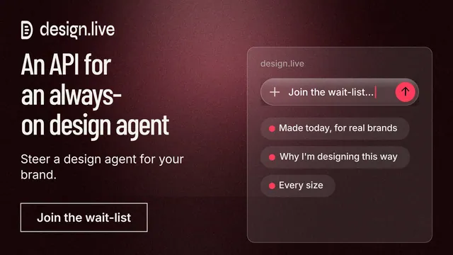 Landscape graphic for design.live: "An API for an always-on design agent". Dark deco style, bottom layout, dark palette in black, red, grey.