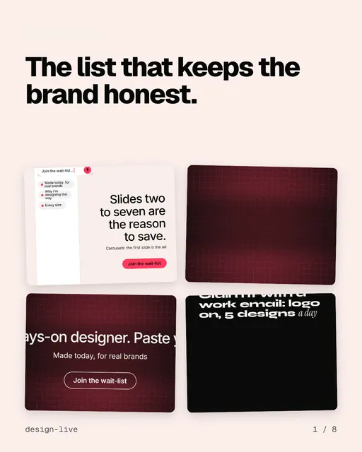Carousel for design.live: "The list that keeps the brand honest.". Collection carousel, 8 slides, light palette.