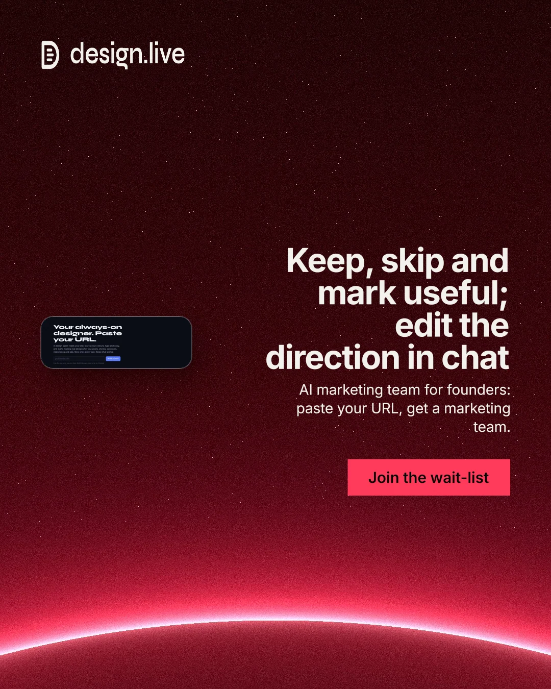 Instagram portrait post for design.live: "Keep, skip and mark useful; edit the direction in chat". Swiss style, right layout, dark palette in black, red.