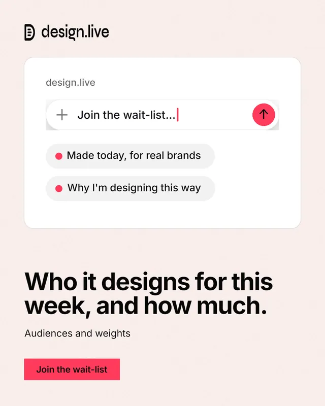 Instagram portrait post for design.live: "Who it designs for this week, and how much." Swiss style, bottom layout, light palette in white, red.