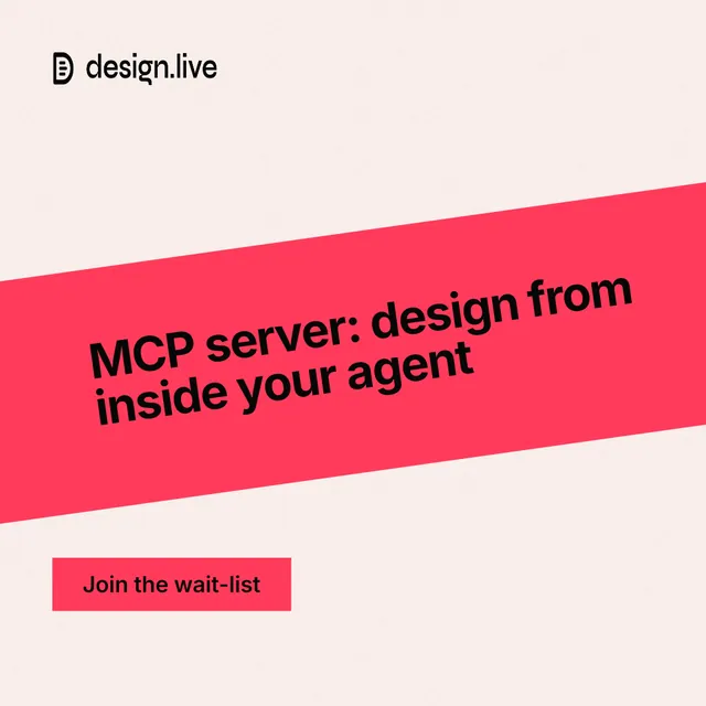 Instagram post for design.live: "MCP server: design from inside your agent". Swiss style, diagonal layout, light palette in white, red.