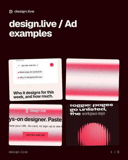 Carousel for design.live: "design.live / Ad examples". Collection carousel, 8 slides, dark palette.