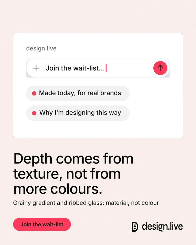 Instagram portrait post for design.live: "Depth comes from texture, not from more colours." Data card style, bottom layout, light palette in white, red.